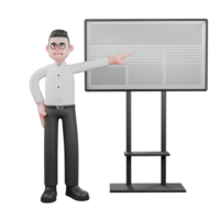 Cartoon Filmmaker Producer. A male producer stands with his left hand pointing to the whiteboard to his left. 3D Style png