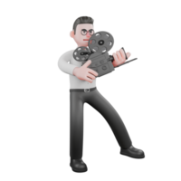 3D Cartoon Director. A male producer is standing with his left leg slightly raised and both hands are carrying an analog camera. Professional Model png