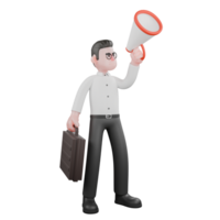 3D Filmmaker Producer. A male producer stands with his left hand lifting the loudspeaker up and his right hand carrying a briefcase. Cartoon Character png