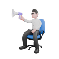 3D Cartoon Filmmaker. A male producer sits in his work chair while his right hand holds a loudspeaker that is directed forward. Studio Style png