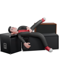Choreographer Character in 3D. A male choreographer lying on a loudspeaker with one arm hanging down to the floor, tired expression. Dance Performer png