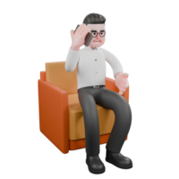 3D Cartoon Model. A male producer sits on a sofa with a cellphone in his right hand with a serious expression. Cartoon Animation png