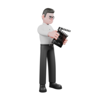3D Cartoon Model. A male producer stands with both hands holding a clapperboard. Producer Illustration png