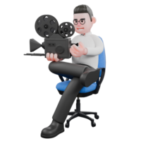Animated 3D Cartoon Producer. A male producer sits on a chair while both hands are carrying an analog camera. Movie Style png