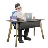 3D Animated Cartoon Producer. A male Producer sits on his desk chair while operating a labtop, his expression is anxious. Studio Style png