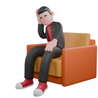 3D Cartoon Dance Artist Character. A male choreographer sits on a sofa with his head tilted, one hand supporting his head, a bored and lazy expression. Choreographer png