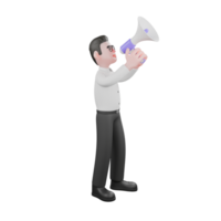 3D Filmmaker Model. A male producer is standing while carrying a loudspeaker pointing upwards. Cartoon Style png