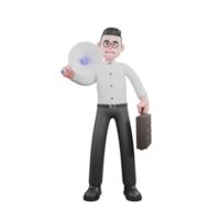 3D Model Cartoon Producer. A male producer stands with his right hand carrying a loudspeaker and his left hand carrying a briefcase. Animation Illustration png
