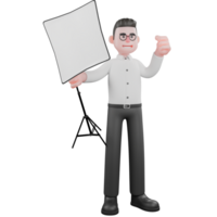 3D Cartoon Filmmaker. a male producer stands with his right hand holding a studio lighting lamp while his left hand is clenched. Producer Illustration png