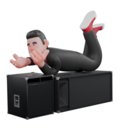 Choreographer in 3D. A male choreographer sleeps face down on a loudspeaker with his head resting on his hands, a calm expression. Dance Creator Model png