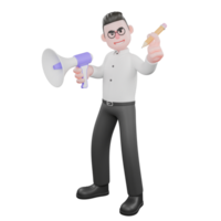 Creative 3D Producer. a male producer stands while holding a loudspeaker in his right hand while his left hand holds pencil. Cartoon Illustration png