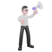 Filmmaker 3D Cartoon. A male producer is standing with his left hand raised up while holding a loudspeaker with his right hand raised slightly. Producer Illustration png