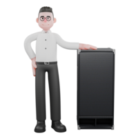 Cartoon 3D Filmmaker. a male producer stands beside a loudspeaker with his right hand on the loudspeaker while his right hand is on his waist. Professional Illustration png