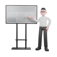 3D Producer in Action. a male producer stands beside the board with his right hand pointing to the board as if explaining. Cartoon Professional Illustration png