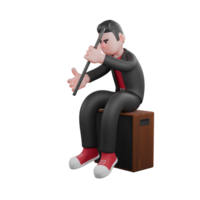 Cartoon Dance Choreographer Character. A male choreographer sits at the speaker with both hands holding a stick. 3D Artist png