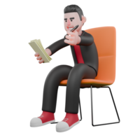 Choreographer in 3D. A male choreographer sits on a chair while holding paper and pen in both hands with a smiling expression. Dance Creator Character png