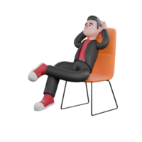 Dance Creator 3D Cartoon Character. A male choreographer sits on a chair with his left leg bent and placed on top of his right leg while both hands are placed behind his head. Choreographer png
