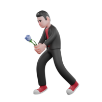 Cartoon Dance Artist in 3D. A man who is doing choreography walks while holding flowers in both hands with an anxious expression. Choreographer Character png