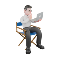 3D Animation Producer. a male producer sits on a chair while holding a laptop with his left hand while his right hand is on his chin with a serious expression. Cartoon Professional Model png