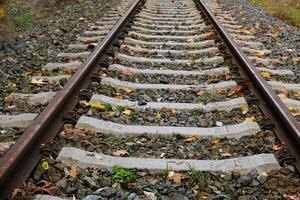 View of Railroad tracks stretching into the distance. Rails and sleepers are covered in rust and partially hidden by fallen leaves. Low viewpoint, industrial style. Blurred background photo