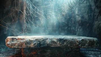 Dark, eerie spider cave with mist and web-covered stone. Atmospheric Halloween setting, perfect for spooky party backdrops or haunted house decor photo