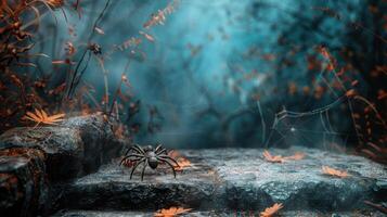 Misty forest cave with a large spider web and eerie atmosphere. Ideal for Halloween scenes, horror-themed designs, and spooky event mockups photo