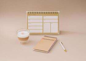 Trendy layout with weekly planner, coffee and pen on beige background. Planner for organization and goal priorities. Writing down tasks and schedule reminders on office desk. Minimal creative concept. photo