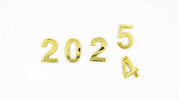 Gold 2025 numerals on a white background. 2025 New Years Eve Celebration, Holiday background Happy New Year 2025. Numbers of year 2025, celebrating New Year holiday, Space for text photo