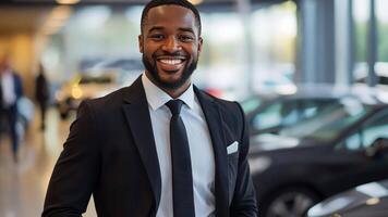un hombre en un traje y Corbata es sonriente y posando para un imagen en un coche concesión video