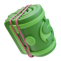 3D Icon Green Money Banknote Stack Bundle Folded in Half tied with a rubber band Dollar Sign. Money Finance Concept. 3D Illustration Design for Website or Mobile App png