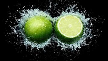 Refreshing lime splashes into water, showcasing vibrant green colors and freshness. photo