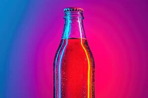 Vibrant soft drink bottle with colorful lighting effects on a gradient background. photo