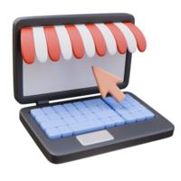 3D Icon Laptop Decorative Shop Canopy and Cursor. Store, Online Shopping, Sale Concept. 3D Illustration Design Web Mobile App png