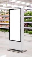 Empty digital display stand in a modern grocery store. photo