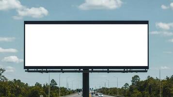 Empty billboard on a highway against a blue sky, no text or advertisements. photo