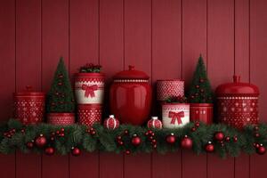 Festive red containers and trees arranged on a shelf with Christmas decorations. photo