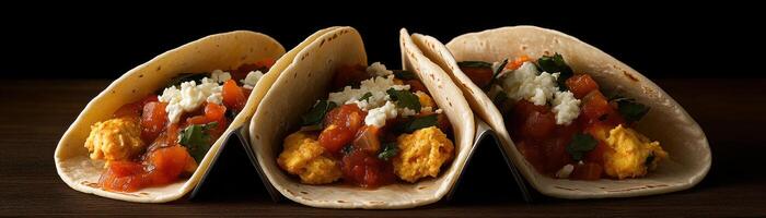 Huevos Rancheros tacos with scrambled eggs, tangy salsa, and crumbled cheese, wrapped in soft tortillas, Huevos Rancheros Tacos, Mexican Breakfast Wrap photo