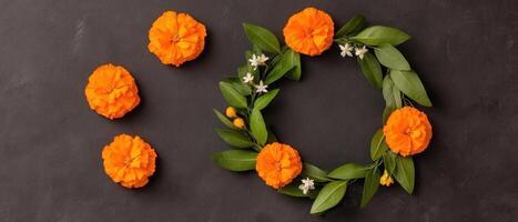 Circular marigold wreath interwoven with jasmine buds and bright green leaves, representing purity and celebration, Marigold Jasmine Wreath, Symbolic Floral Arrangement photo