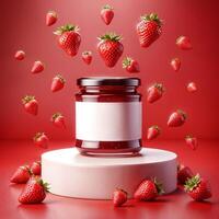 A jar of strawberry jam with a white label on top photo