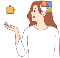 Process of self-discovery in girl with puzzle in head and hands, exploring own thoughts and behavior. Importance of self-discovery for personality development or maintaining psychological balance png