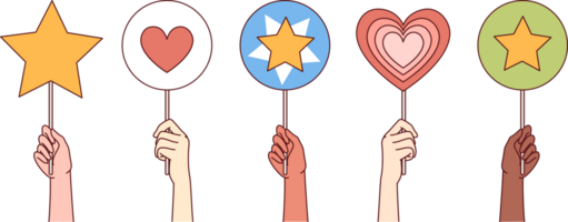 People hold up rating signs with hearts and stars, symbolizing support and approval for company or blogger. Rating marks of positive feedback from users and clients who have used services png
