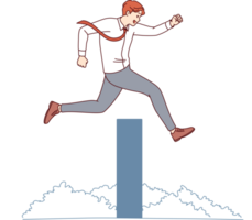 Ambitious business man overcomes obstacle on path to success by jumping over high wall. Successful businessman overcomes obstacles thanks to professional experience and motivation. png