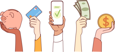 Different payment options show people hands, with cash or bank card and application in smartphones. Selecting payment method from cryptocurrency coin and piggy bank, and smartphone with NFC function png