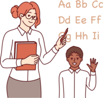 Woman english teacher teaches little boy to read by pointing to letters of alphabet. Girl teacher explains rules of pronunciation and transcription for schoolchild rejoicing in receiving knowledge. png