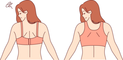 Woman wearing different types of bras compares comfort of underwear, which has positive or negative effect on posture. Girl tries on bras or top, trying to choose right clothes for own look. png