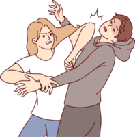 Woman demonstrates self-defense technique by striking man in face pretending to be maniac or robber. Self-defense lessons for girls who want to have sense of security when meeting attacker png