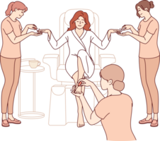 Woman visitor to SPA salon gets manicure and pedicure at same time to prepare for party or date. Luxury SPA treatments for relaxed girl who wants to be beautiful and attract attention of guys png