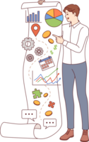 Business man analyzing company commercial performance and shows document with financial charts. Strategic plan in hands of manager analyzing marketing information before investing in corporation png