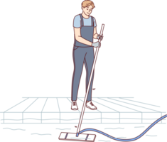 Man pool cleaner uses electric hoover with hose to suck out algae and debris from bottom. Pool cleaner guy enjoys work and achieving perfect results in preparation for swimming season. png