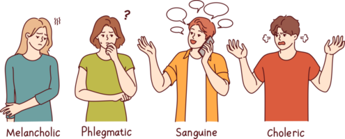 People with different types of temperament with signatures melancholic and phlegmatic or sanguine and choleric. Psychological differences in temperament and personality that affect sociability png
